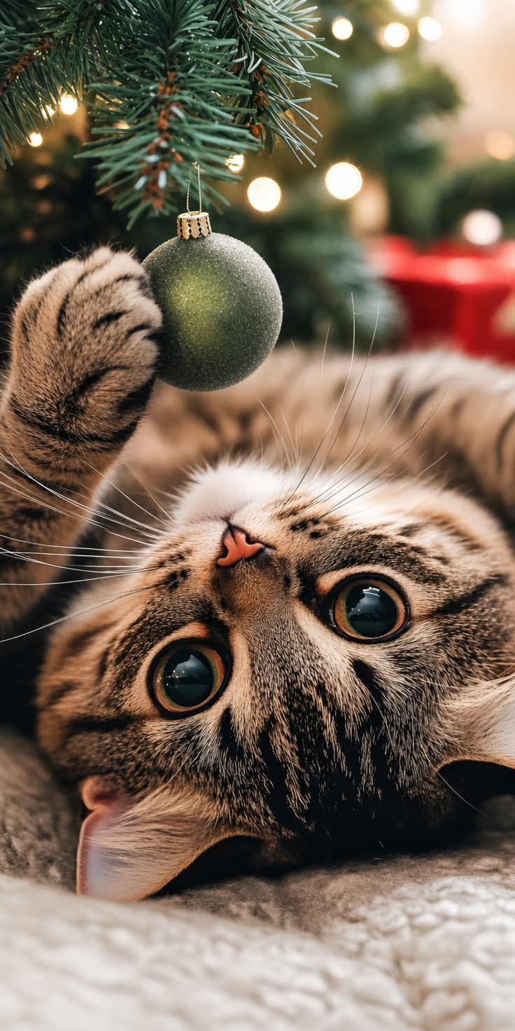 Tabby Cat Reaching for Green Ornament Under Tree