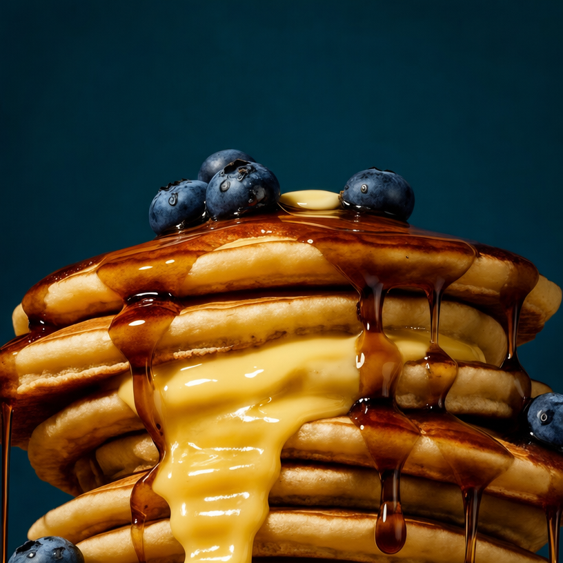 Tall Pancake Stack with Blueberries and Dark Syrup