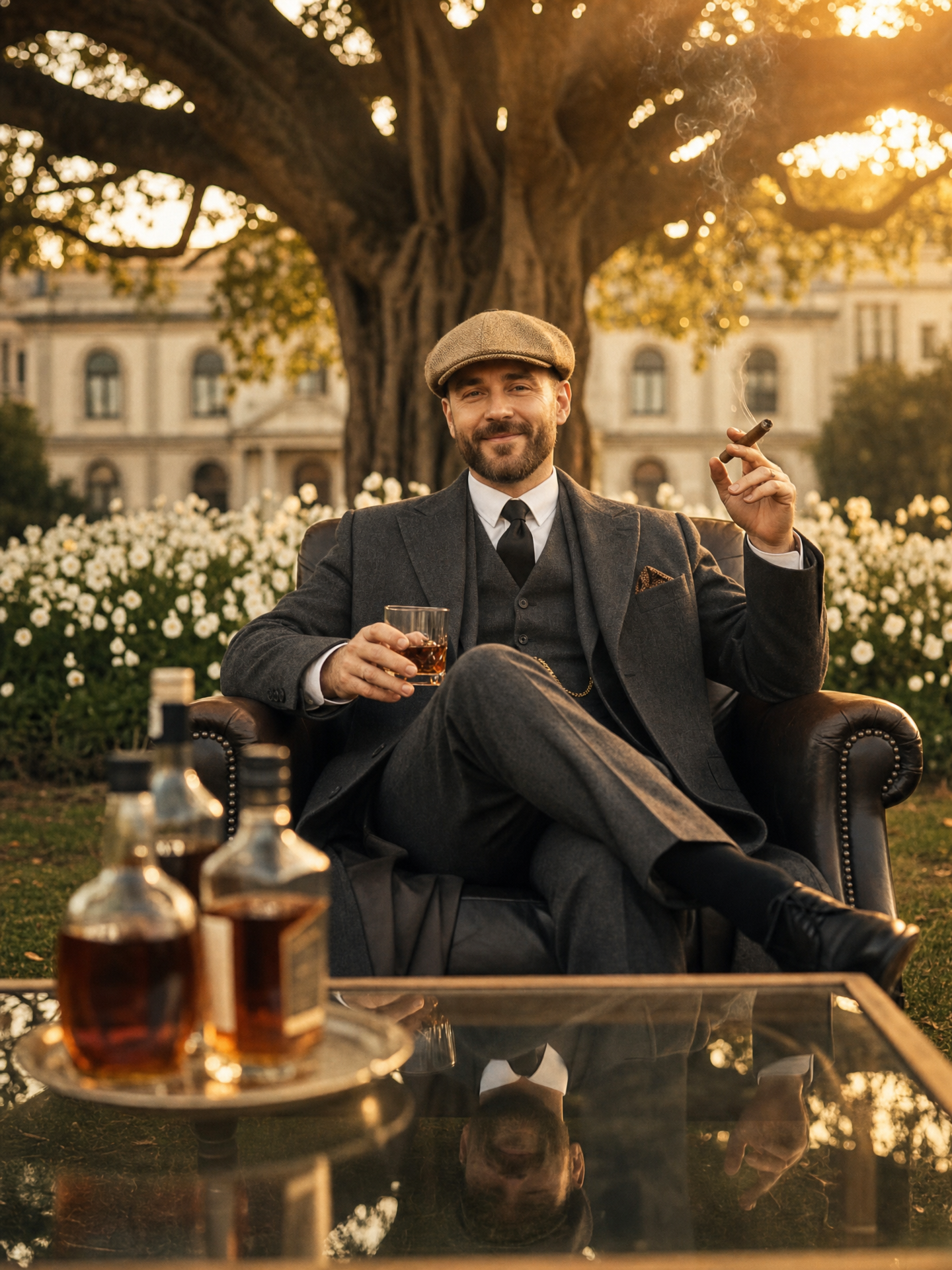 Tan-capped gentleman in golden garden