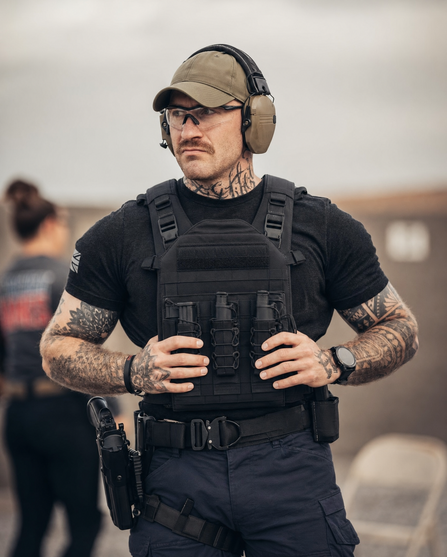 Tattooed Tactical Man in Overcast Light