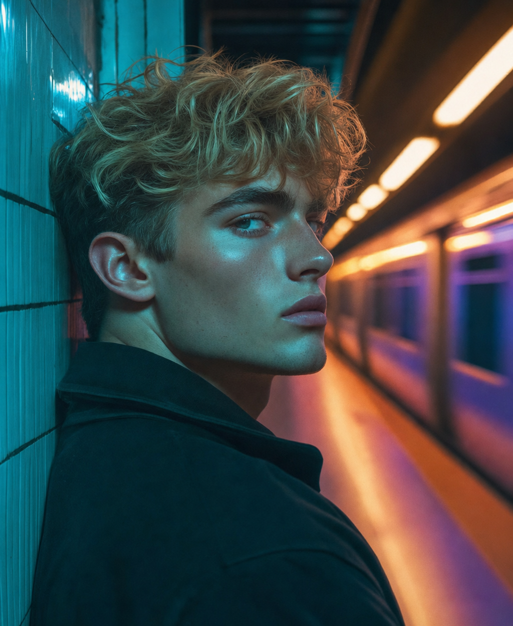 Teal-and-amber neon profile portrait