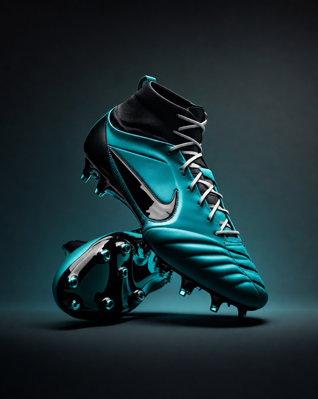 Teal and black cleats in studio