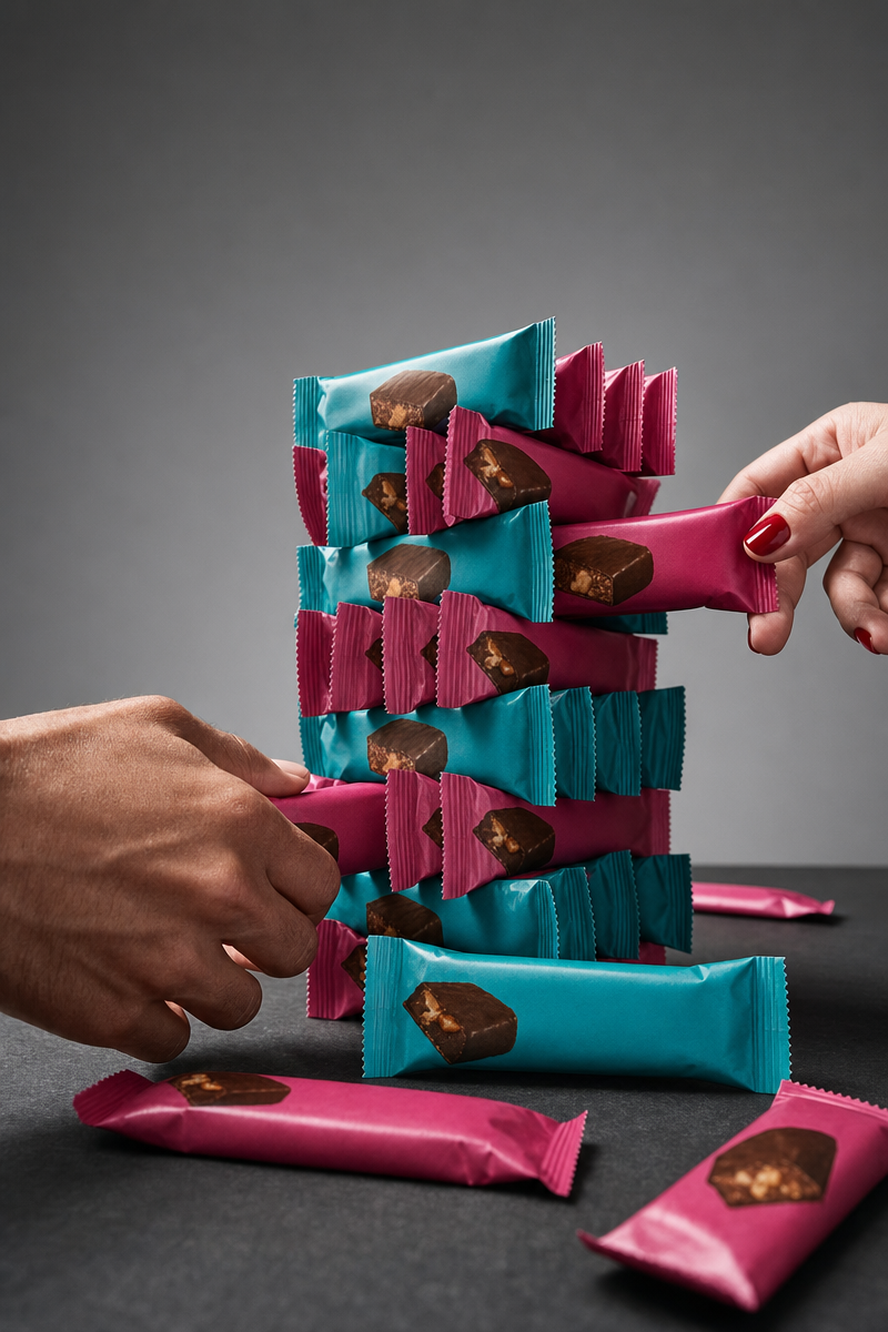 Teal-and-magenta protein bar stack duel