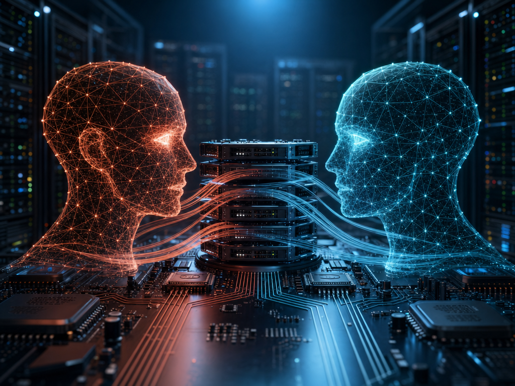 Teal and orange holographic AI heads in server room