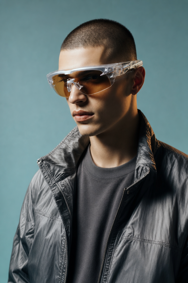 Teal-Backdrop Futuristic Sunglasses Portrait