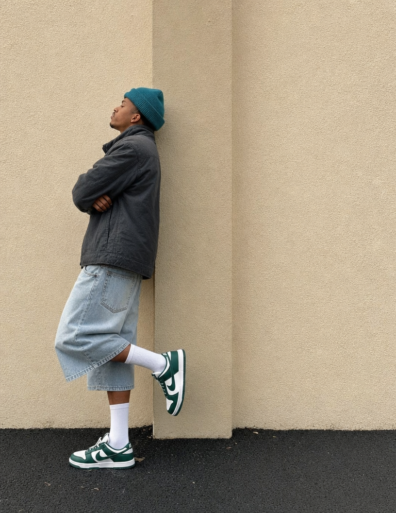 Teal-beanie street pose with illustrated twin