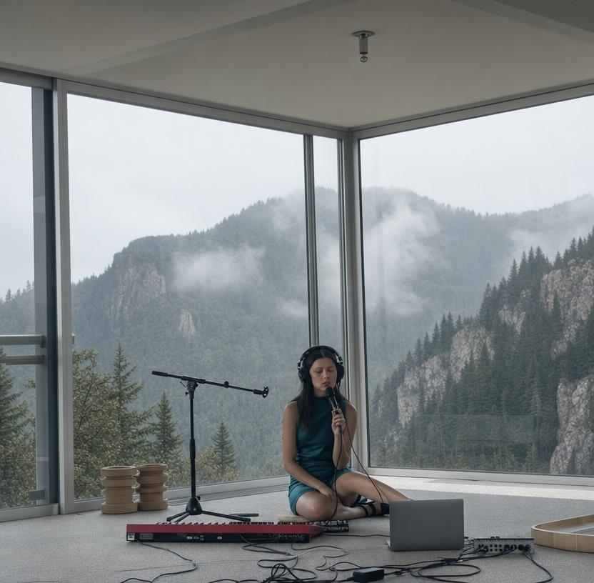Teal-dressed performer with mountain view