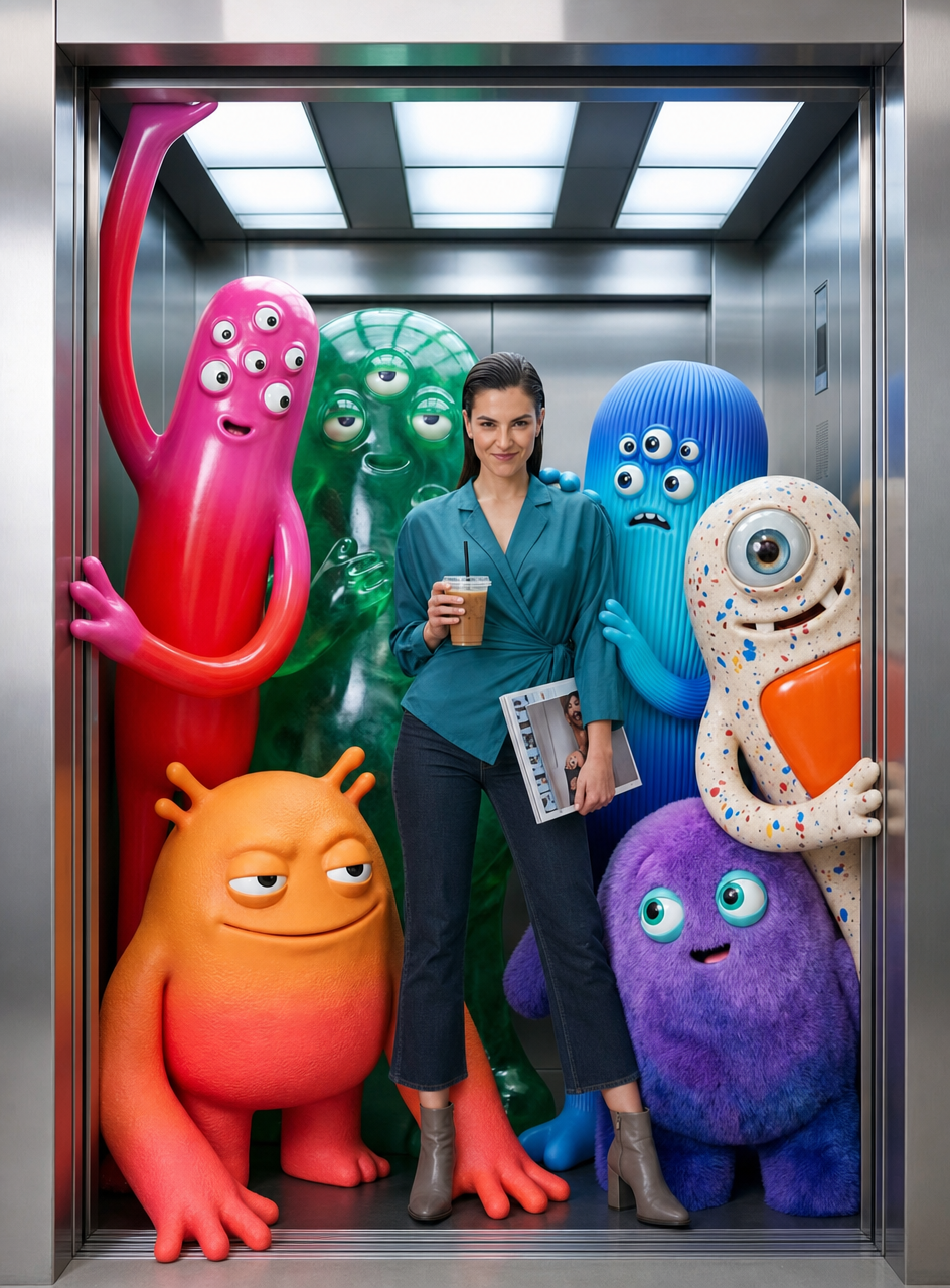 Teal fashion editorial in monster-filled lift