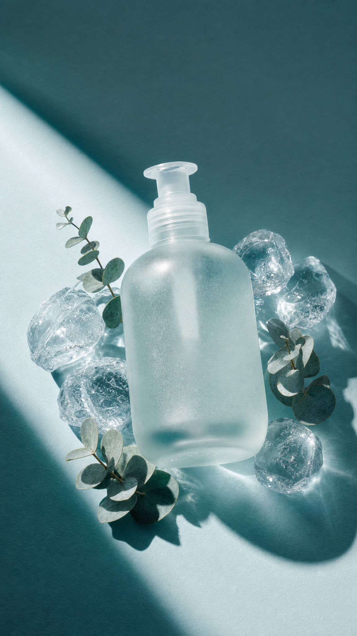Teal frosted serum bottle on ice
