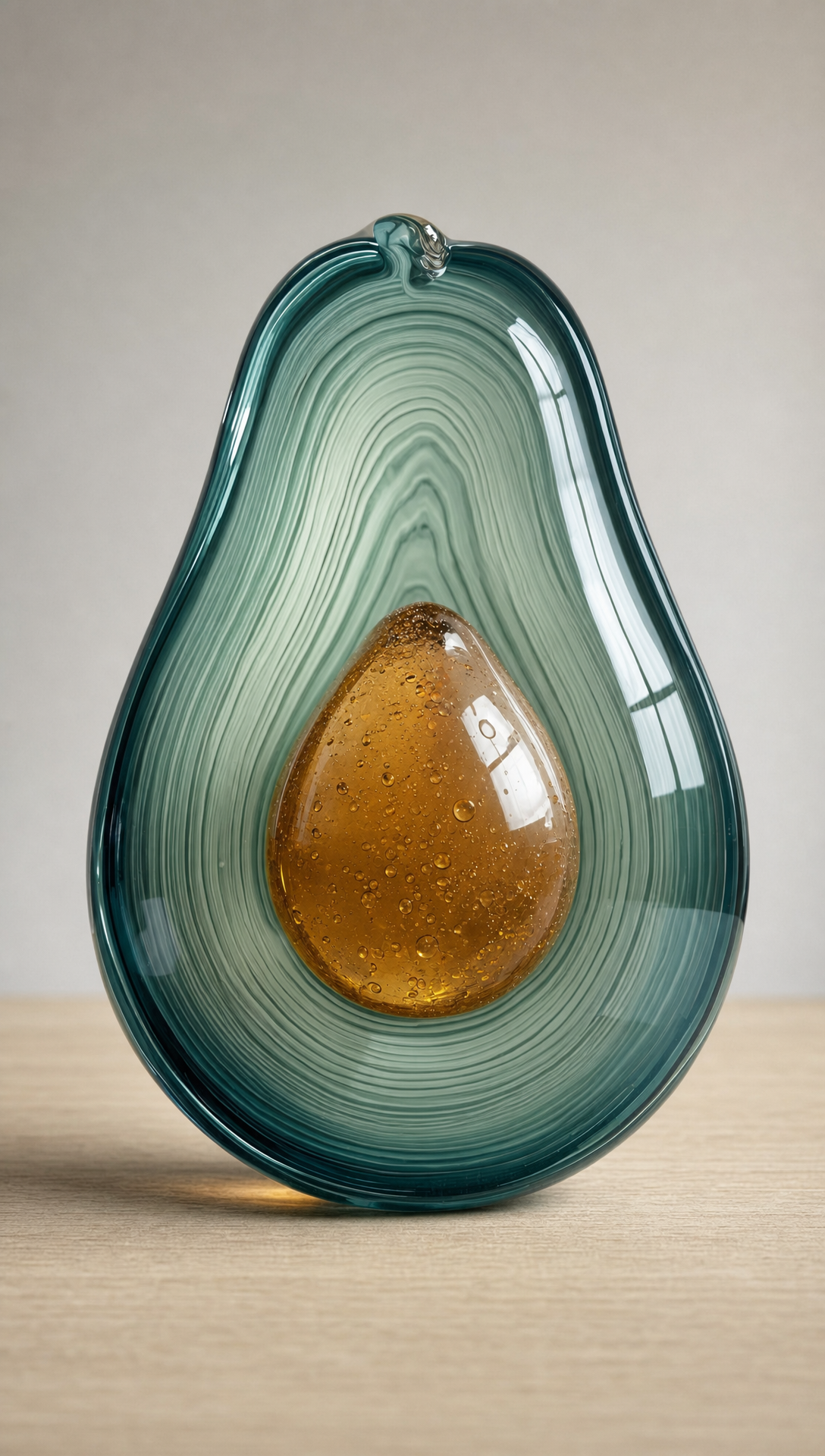 Teal Glass Avocado with Amber Pit on Oak