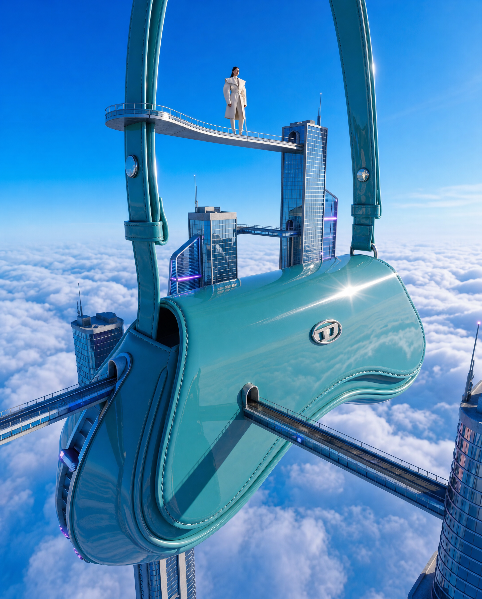 Teal Glossy Handbag Floating Above Cloud City