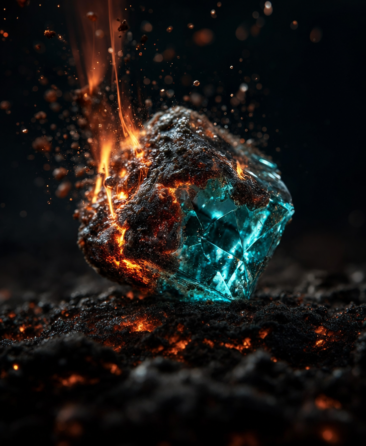 Teal glowing gemstone fragment with molten sparks
