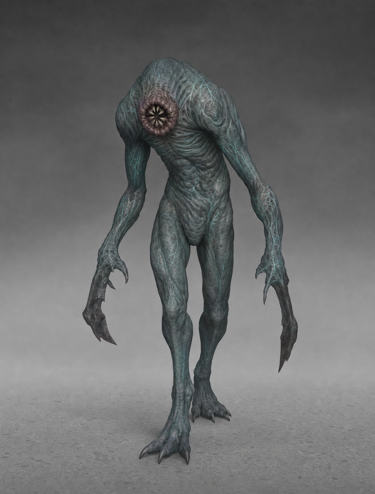 Teal-gray alien humanoid with tooth-mouth on neck