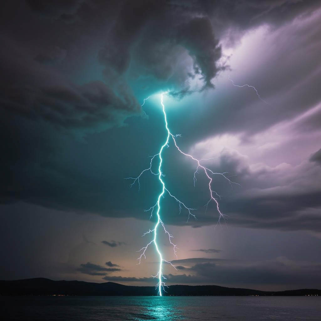 Teal Lightning Splits Storm Clouds