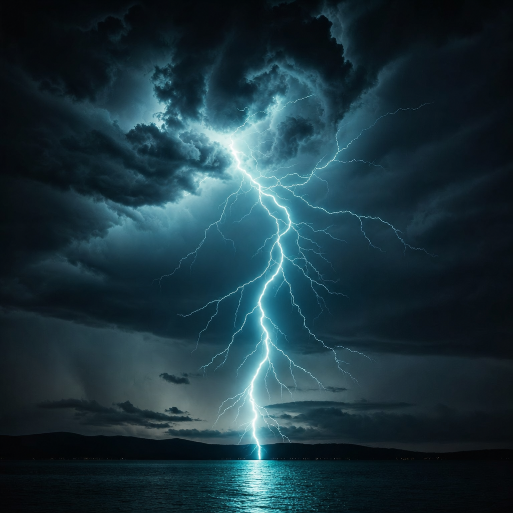 Teal Lightning Splits Storm Clouds