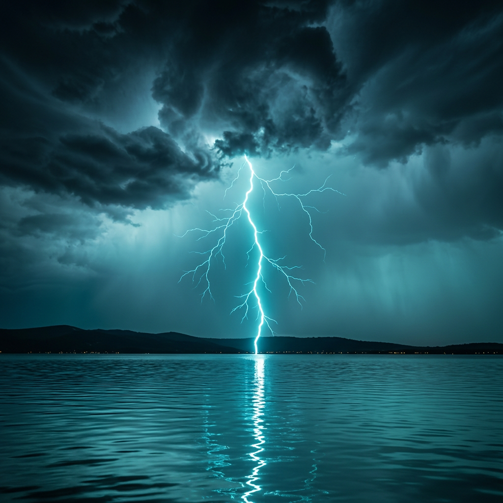 Teal Lightning Splits Storm Clouds