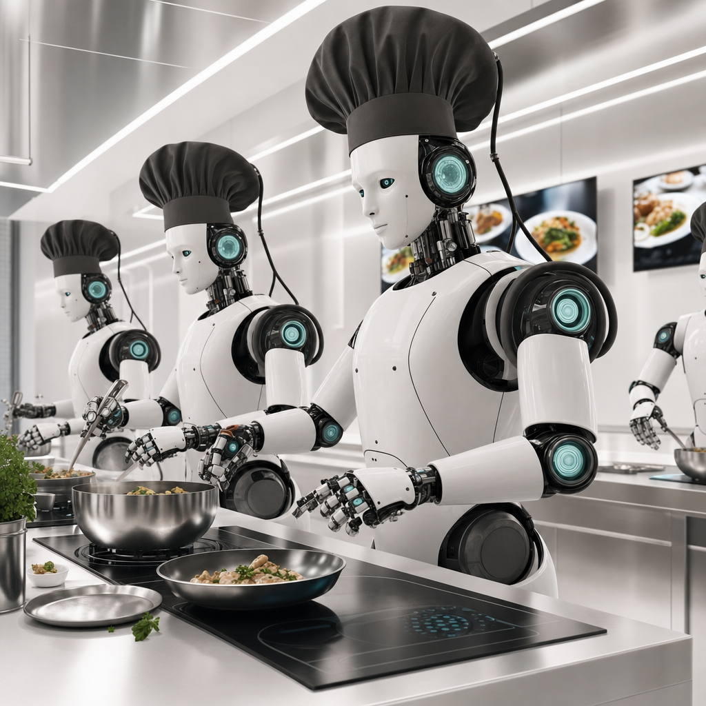 Teal-lit Chef Robots in Futuristic Kitchen