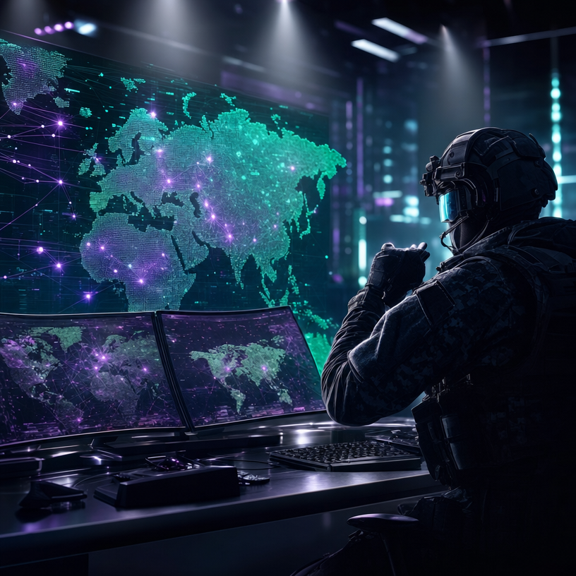 Teal-lit cyber command surveillance scene