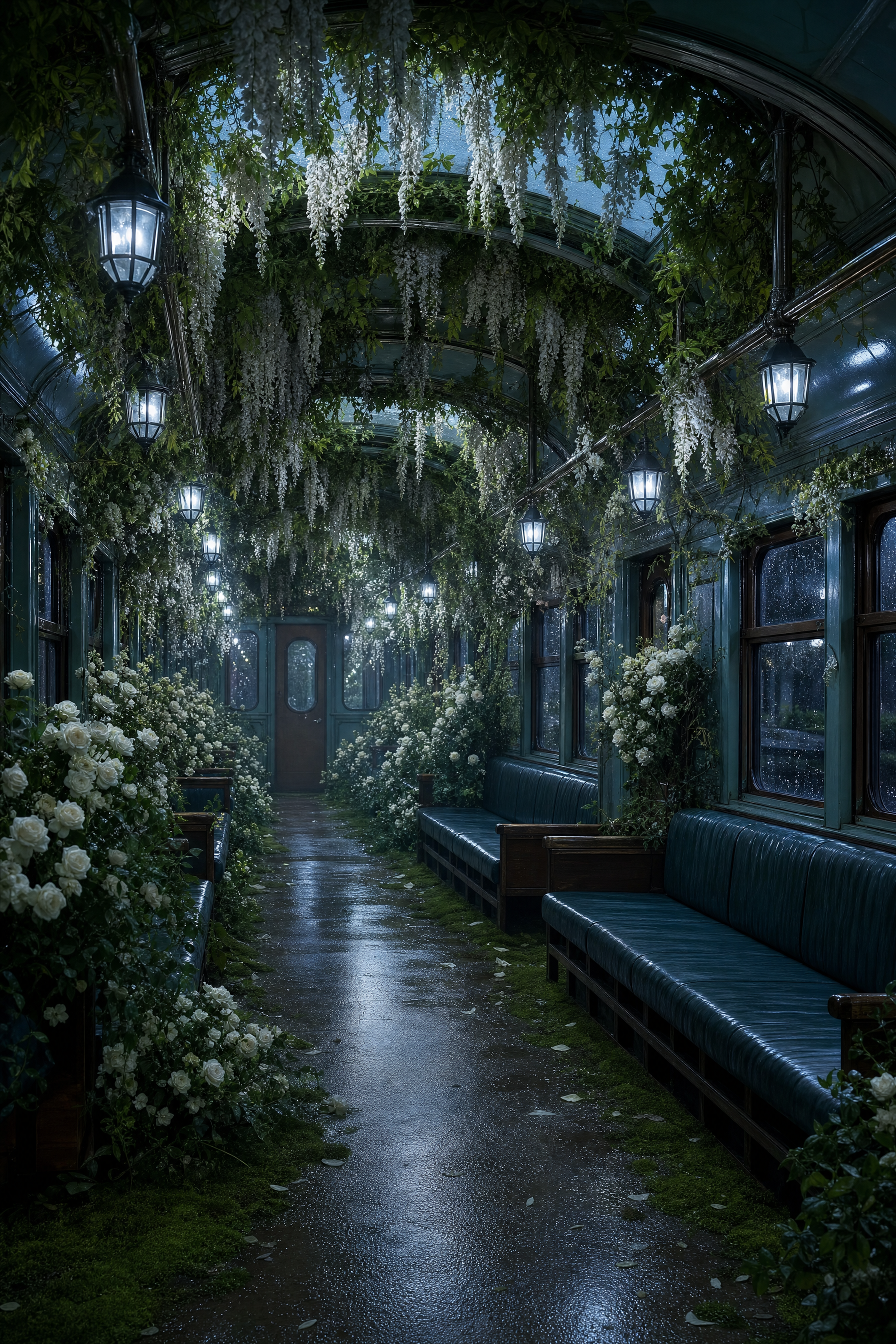 Teal seats and wisteria in carriage