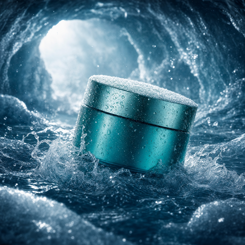 Teal skincare jar in icy ocean cave
