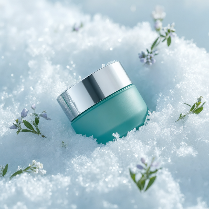 Teal skincare jar in winter snow