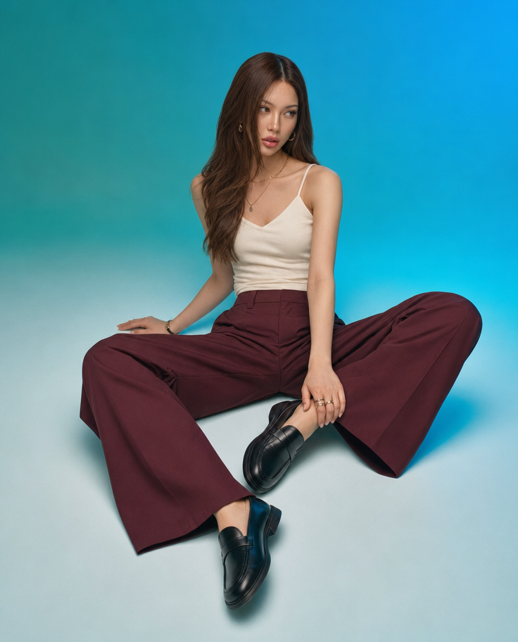 Teal studio editorial in burgundy