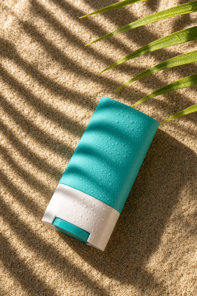 Teal sunscreen stick bottle on wet sand