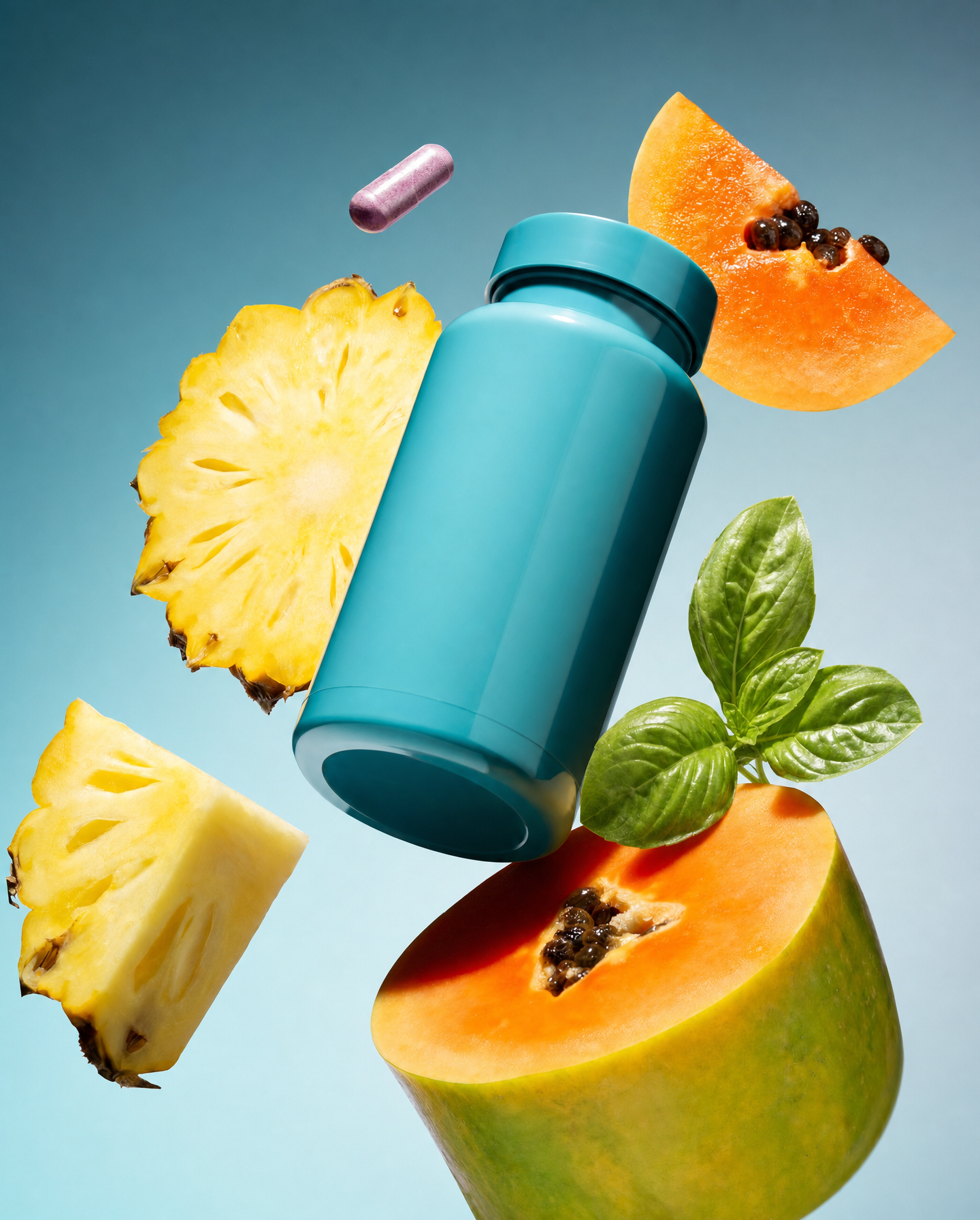 Teal Supplement Bottle with Tropical Fruit
