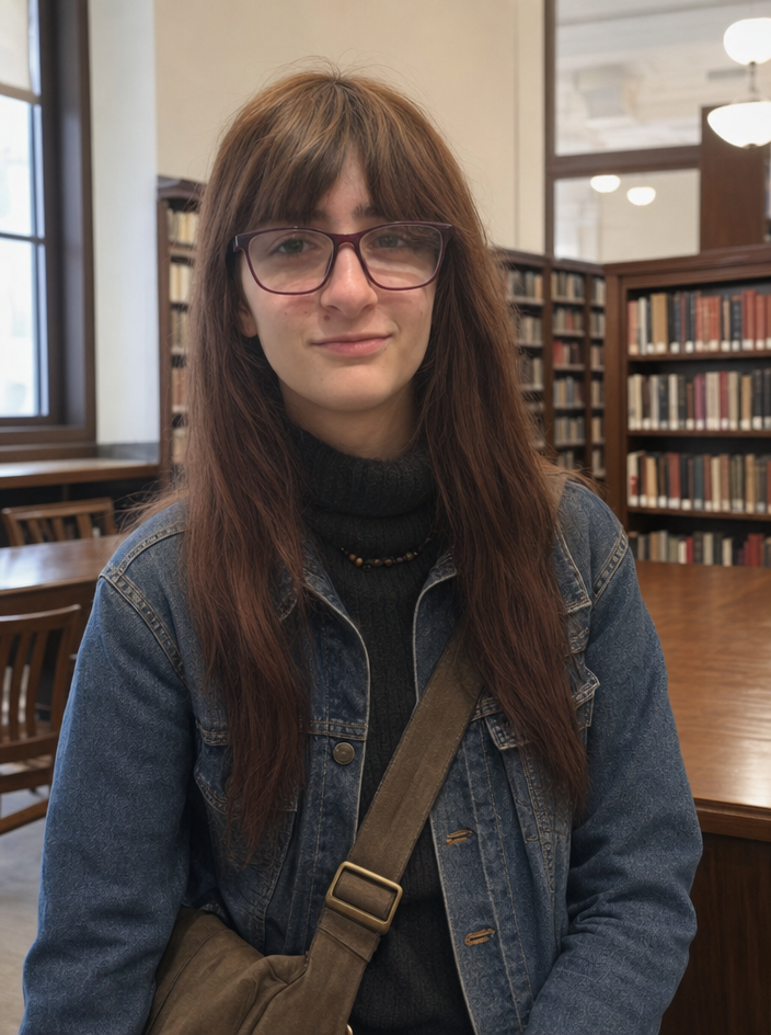 Student with Auburn Hair in Library Reading Room