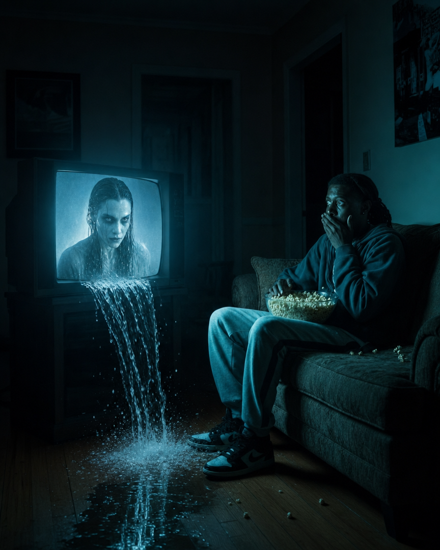 Terrified Person Watching Ghostly Wet-Haired TV