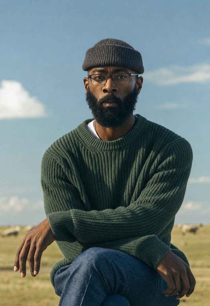 Thoughtful bearded man in forest knit