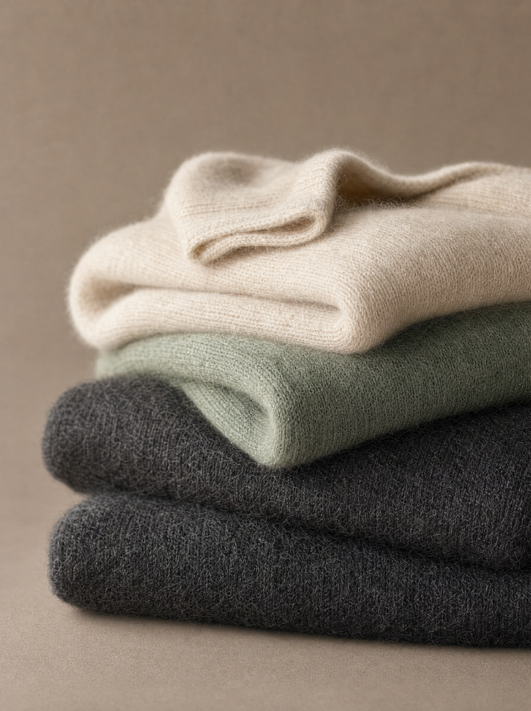 Three Cashmere Sweaters Stacked in Cream, Sage, Charcoal