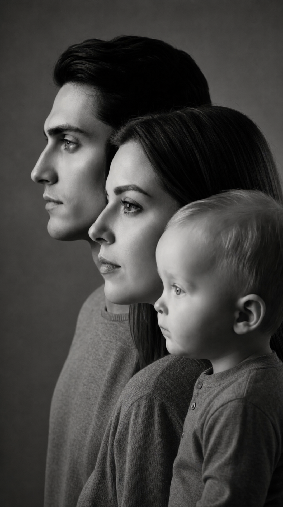 Three-figure monochrome profile family portrait