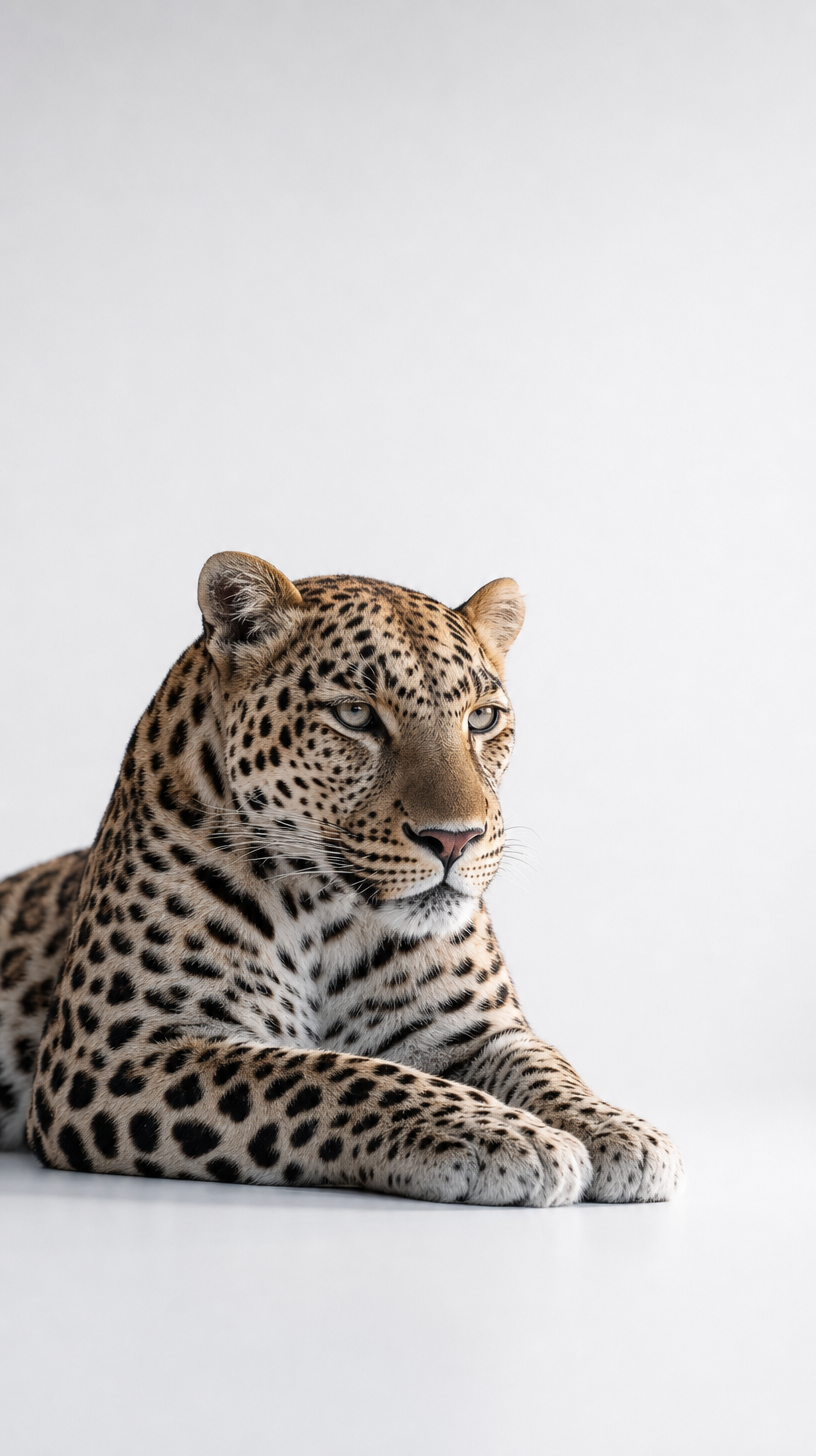 Three-quarter pose leopard in white studio