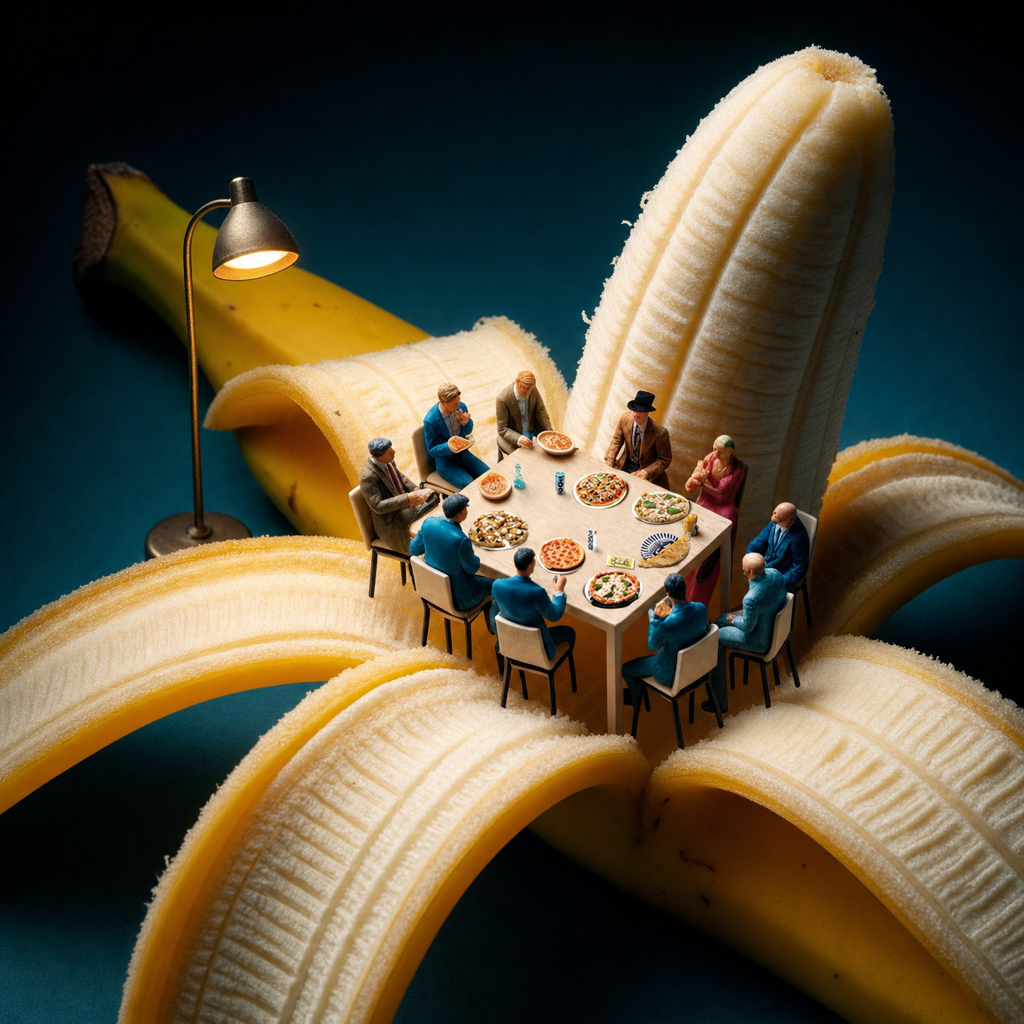 Tiny people dining on peeled banana pizza
