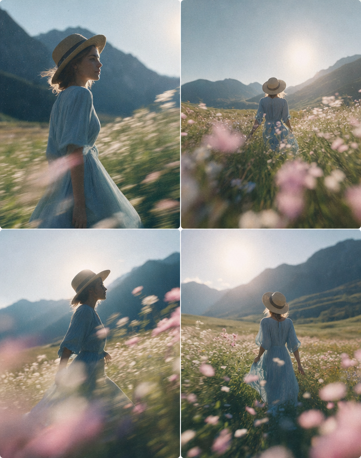 Tiny wanderer in pastel sunrise meadow