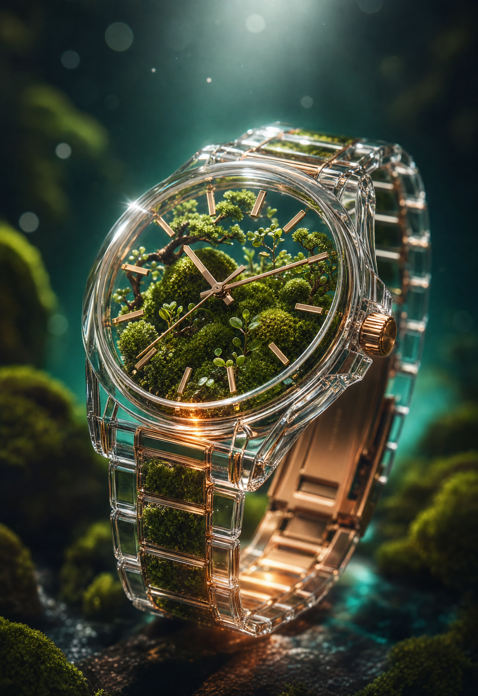 Transparent wristwatch with moss and rose-gold details