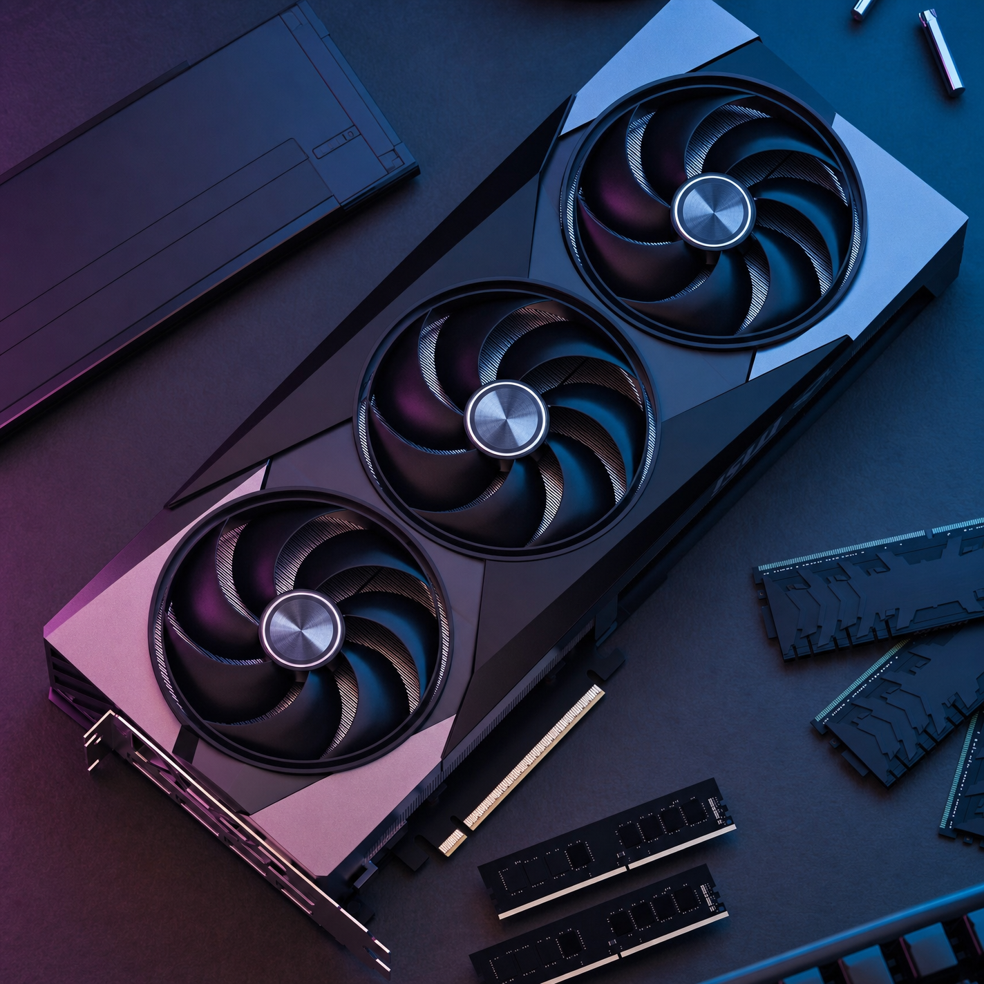 Triple-fan GPU on matte dark surface