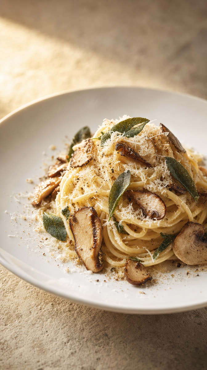 Golden-lit fettuccine with mushrooms and sage