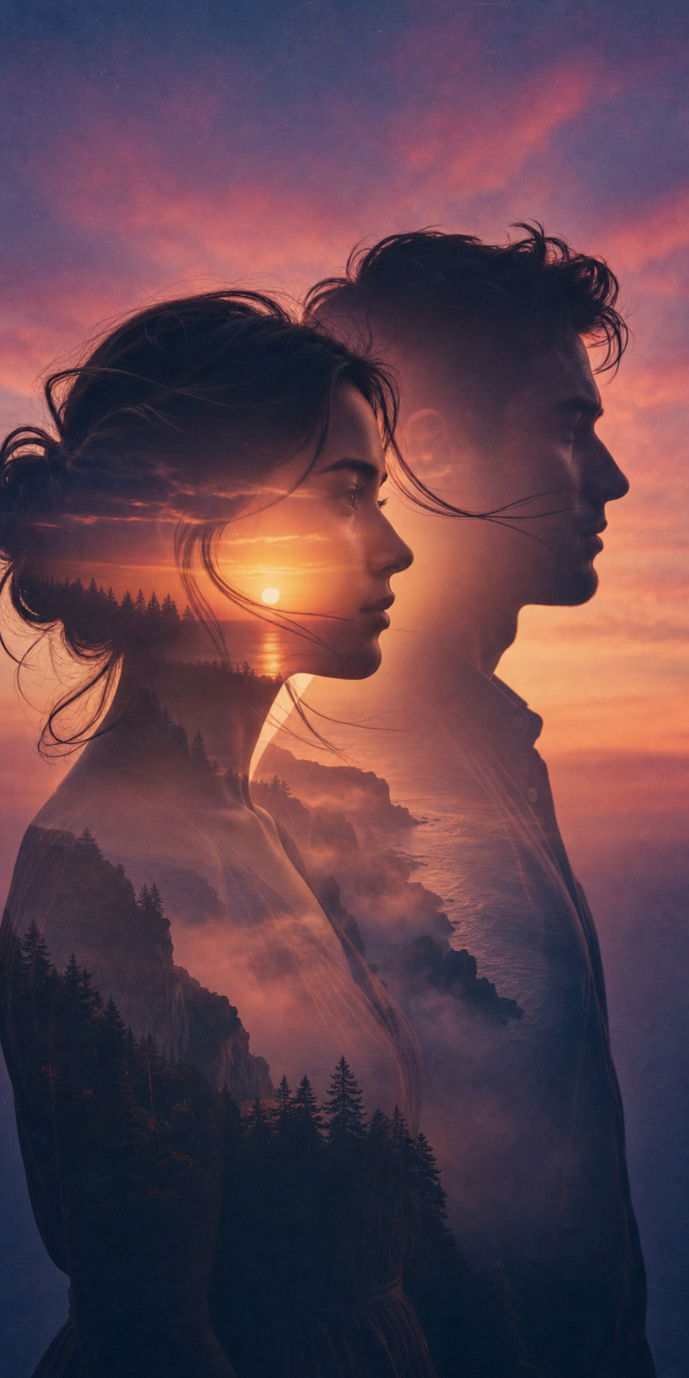 Twilight Double-Exposure Lovers in Profile