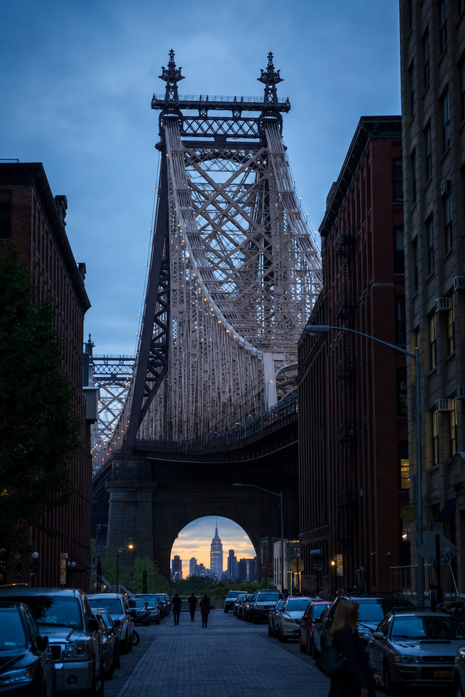 Twilight Street Framed by Queensboro Bridge