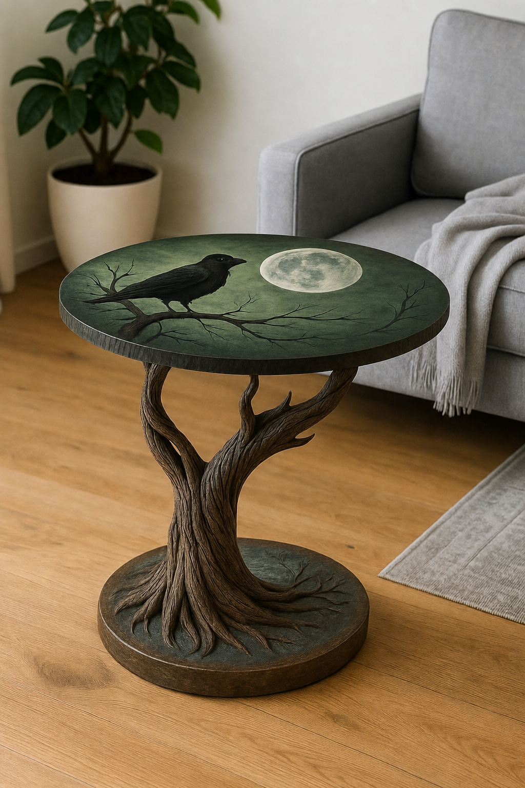 Twisted-Root Side Table with Green Top and Raven