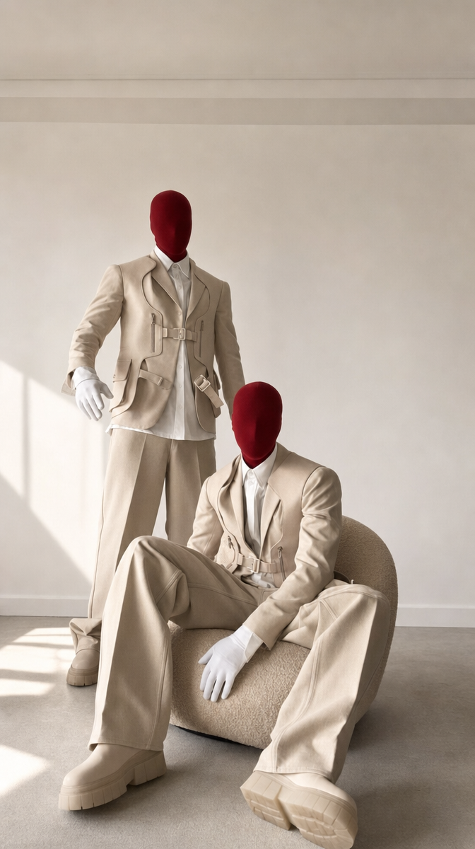 Two Faceless Mannequins in Beige Suits by Window Light