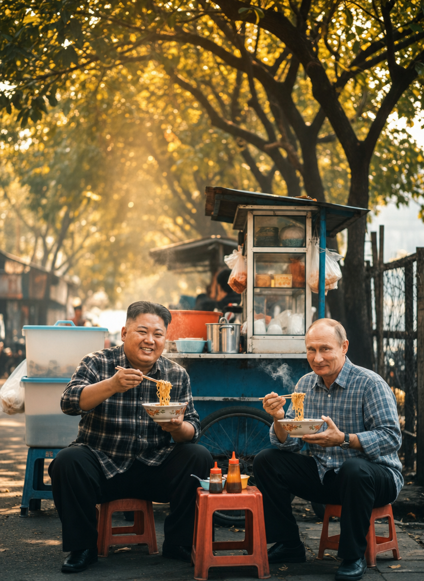 Two men in plaid shirts eating noodles outdoors