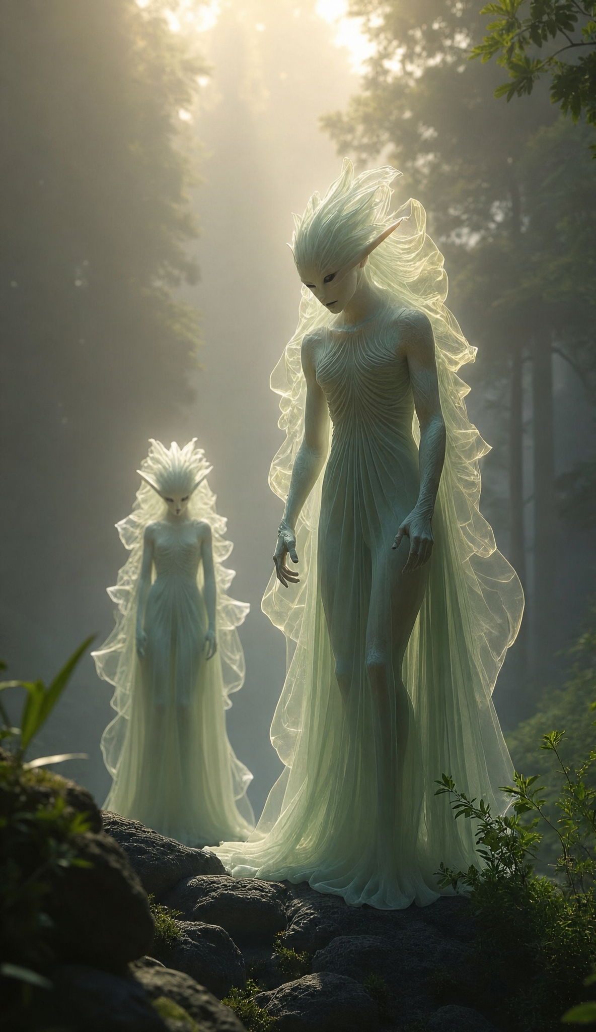 Two pale forest spirits in sage veils