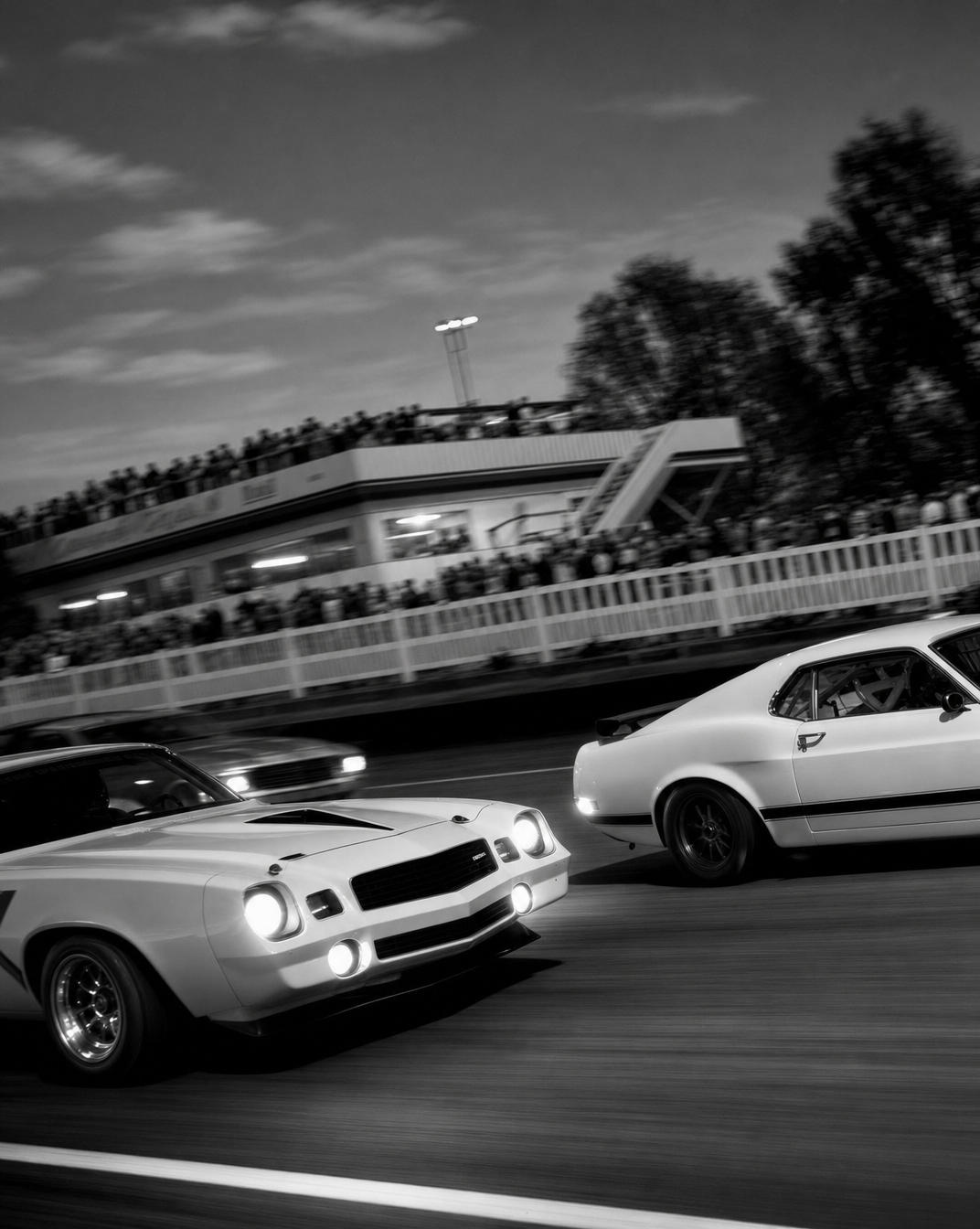 Two vintage saloon race cars with brighter headlights