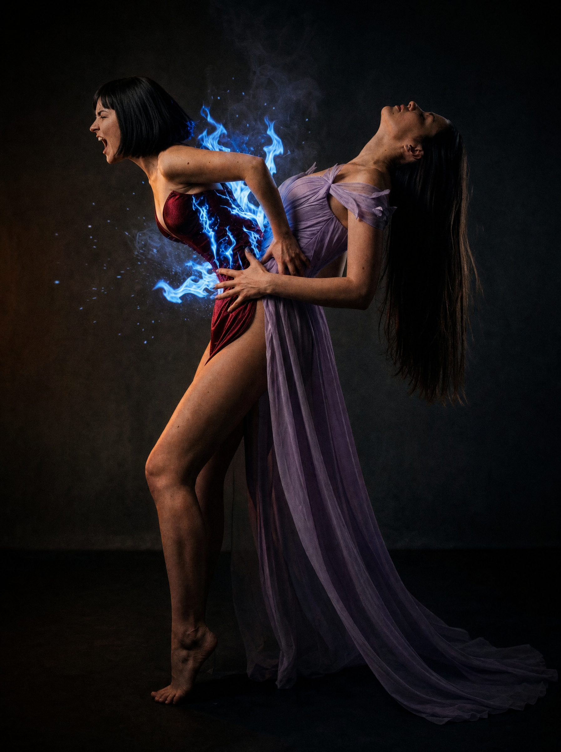 Two Women Back-to-Back With Blue Flames Torso