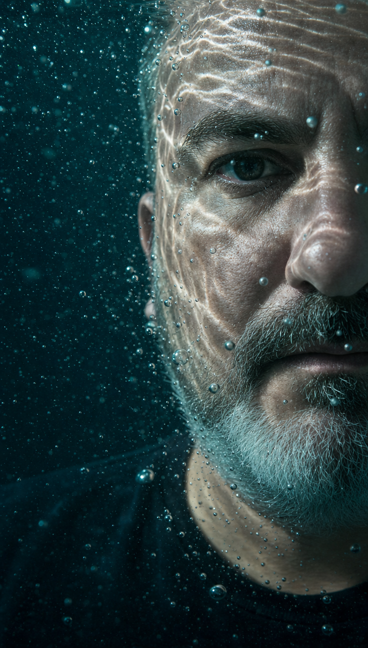 Underwater close-up of man’s left eye, blue caustics