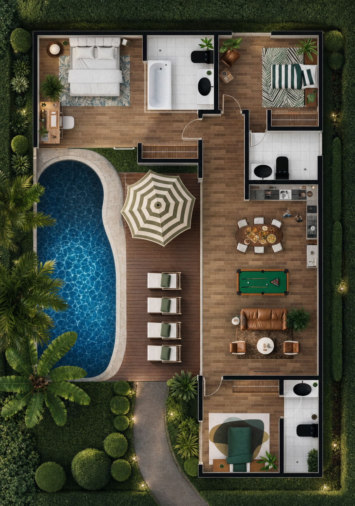 Upscale villa floor plan with blue pool