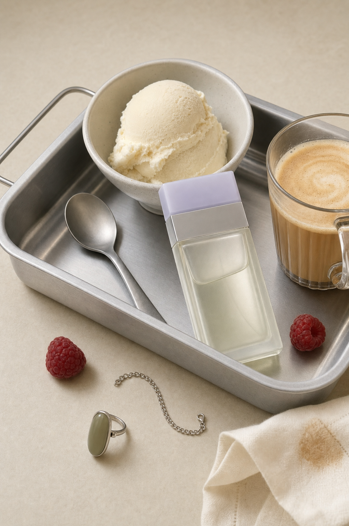 Vanilla Gelato Tray With Lavender Perfume Bottle